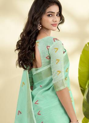 Turquoise  linen beautiful tussle on pallu casual wear saree 3
