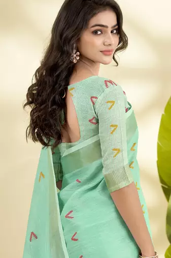 Turquoise  linen beautiful tussle on pallu casual wear saree