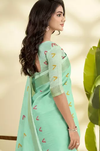 Turquoise  linen beautiful tussle on pallu casual wear saree