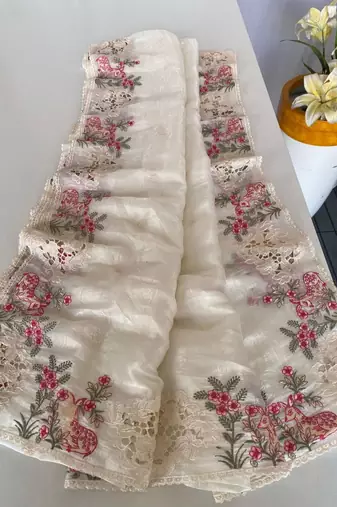White crush silk saree with all over embroidery design and cut work design