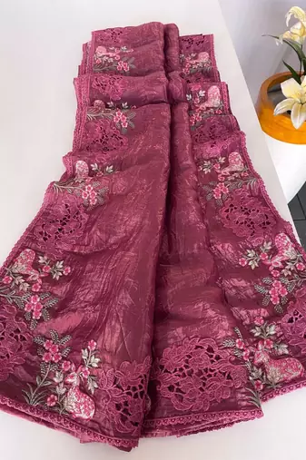 Dark wine crush silk saree with all over embroidery design and cut work design