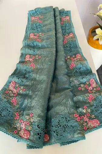 Sky blue crush silk saree with all over embroidery design and cut work design