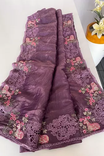 Onion pink crush silk saree with all over embroidery design and cut work design