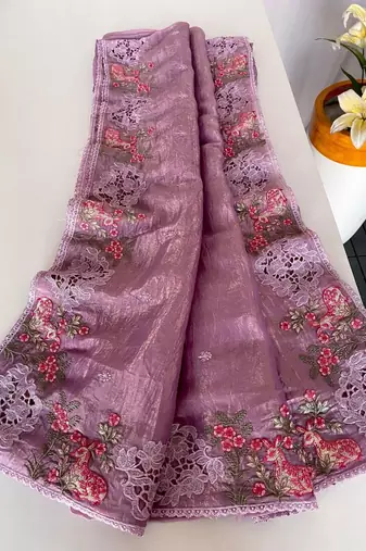 Pink crush silk saree with all over embroidery design and cut work design
