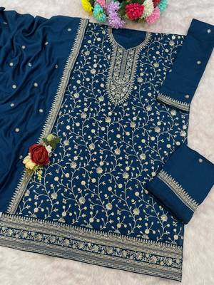 Teal blue embroidered vichitra stitched salwar suit 3