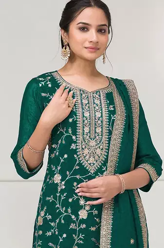 Bottle green embroidered vichitra stitched salwar suit
