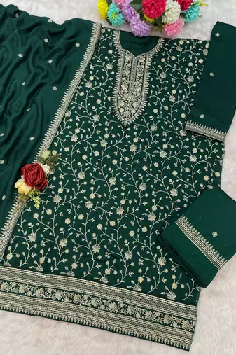 Bottle green embroidered vichitra stitched salwar suit
