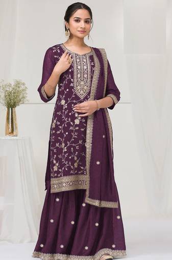 Purple embroidered vichitra semi-stitched pakistani salwar suit