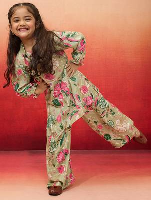 girls' mint green cotton kurta with palazzo set - navratri special 1
