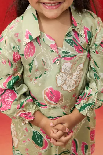 girls' mint green cotton kurta with palazzo set - navratri special