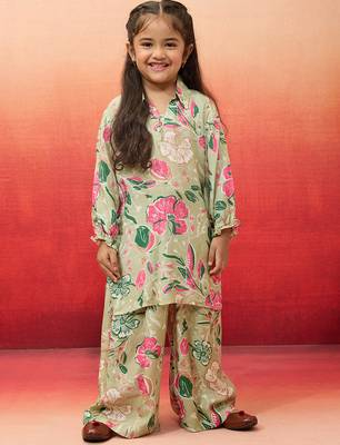 girls' mint green cotton kurta with palazzo set - navratri special 3