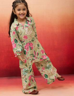 girls' mint green cotton kurta with palazzo set - navratri special 4