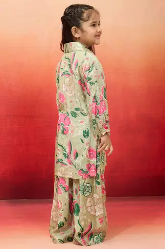 girls' mint green cotton kurta with palazzo set - navratri special