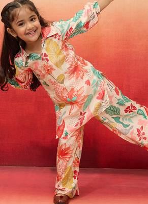 girls' cream cotton kurta with palazzo set - navratri collection 1