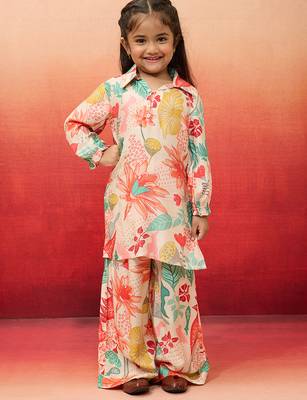 girls' cream cotton kurta with palazzo set - navratri collection 3