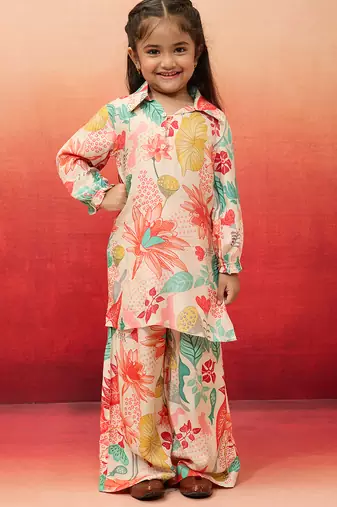 girls' cream cotton kurta with palazzo set - navratri collection