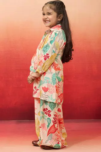 girls' cream cotton kurta with palazzo set - navratri collection