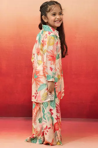 girls' cream cotton kurta with palazzo set - navratri collection