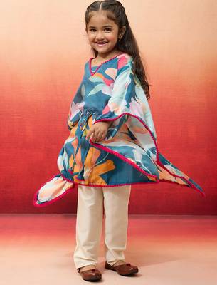 girls' blue cotton kurta with pyjama set - navratri collection 1