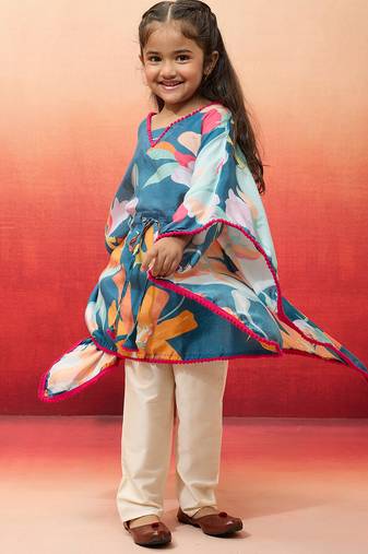 girls' blue cotton kurta with pyjama set - navratri collection