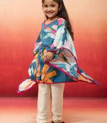 girls' blue cotton kurta with pyjama set - navratri collection