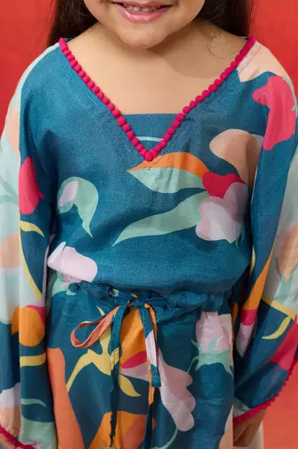 girls' blue cotton kurta with pyjama set - navratri collection