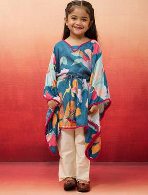 girls' blue cotton kurta with pyjama set - navratri collection 3