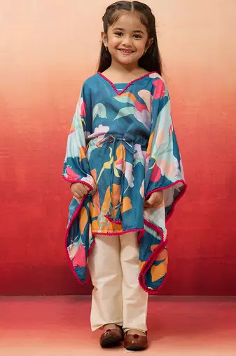 girls' blue cotton kurta with pyjama set - navratri collection
