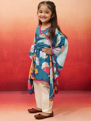 girls' blue cotton kurta with pyjama set - navratri collection 4