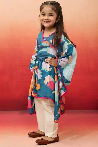 girls' blue cotton kurta with pyjama set - navratri collection