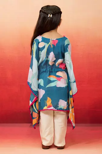 girls' blue cotton kurta with pyjama set - navratri collection