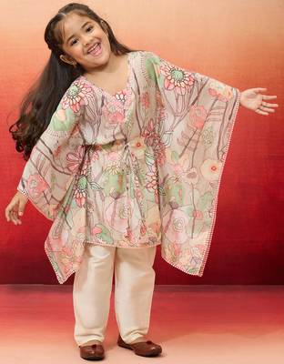 girls' beige cotton kurta with pyjama set - navratri special 1