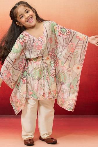 girls' beige cotton kurta with pyjama set - navratri special
