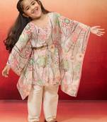 girls' beige cotton kurta with pyjama set - navratri special