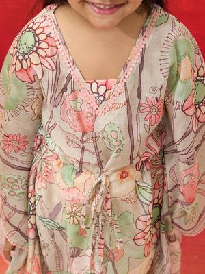 girls' beige cotton kurta with pyjama set - navratri special 2