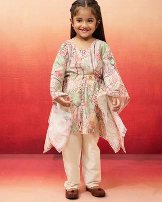 girls' beige cotton kurta with pyjama set - navratri special 3