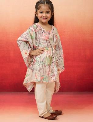 girls' beige cotton kurta with pyjama set - navratri special 4