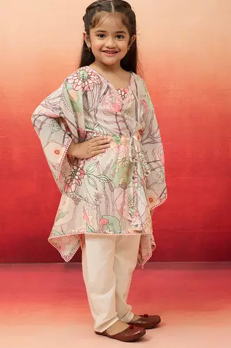 girls' beige cotton kurta with pyjama set - navratri special