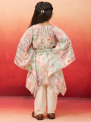 girls' beige cotton kurta with pyjama set - navratri special 5