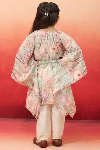 girls' beige cotton kurta with pyjama set - navratri special