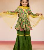 girls' green cotton kurta with sharara set - navratri special