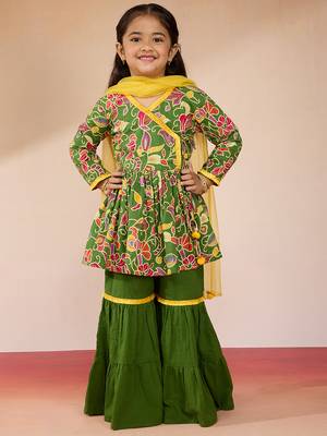 girls' green cotton kurta with sharara set - navratri special 3