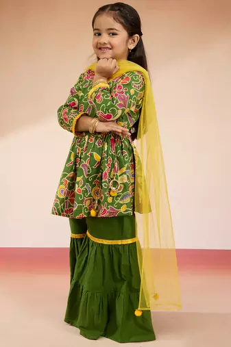girls' green cotton kurta with sharara set - navratri special