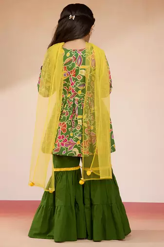 girls' green cotton kurta with sharara set - navratri special