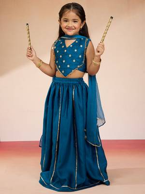 girls' Turquoise satin lehenga set with embroidery - navratri collection 1