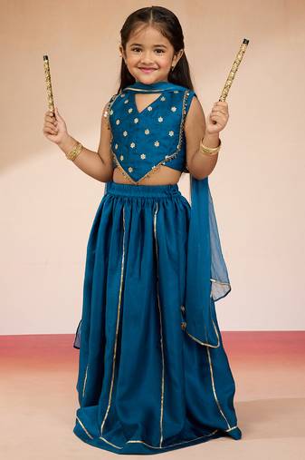 girls' Turquoise satin lehenga set with embroidery - navratri collection
