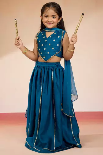 girls' Turquoise satin lehenga set with embroidery - navratri collection