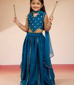 girls' Turquoise satin lehenga set with embroidery - navratri collection