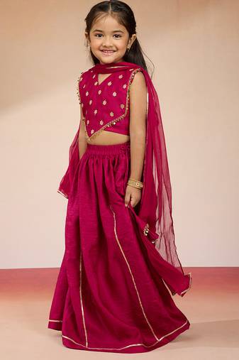 Vastramay girls' rani pink satin lehenga set with embroidery - navratri collection
