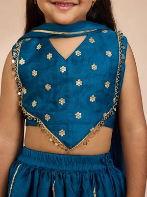 girls' Turquoise satin lehenga set with embroidery - navratri collection 2